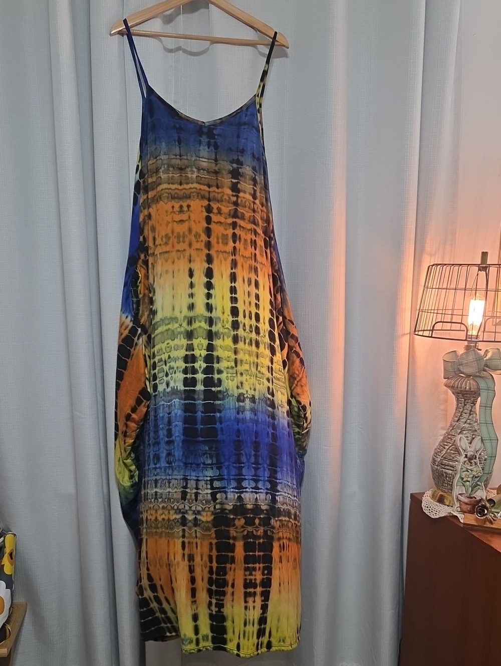 Votique Tie-Dye Spaghetti Strap Maxi Dress in Blue, Orange & Yellow